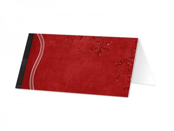 Marque-place mariage - Rouge et noir – fleurs blanches et ruban