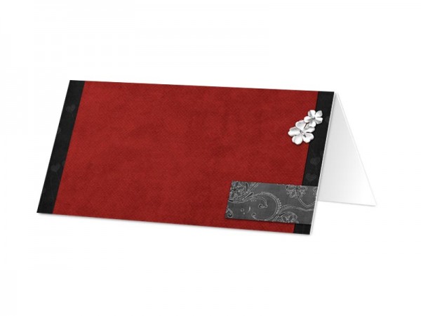 Marque-place mariage - Rouge et noir – fleurs blanches et dentelle